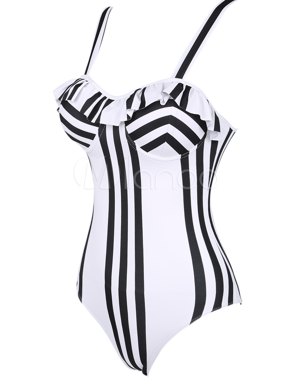 Black and White Stripe Ruffled One-Piece Swimsuit - Milanoo.com