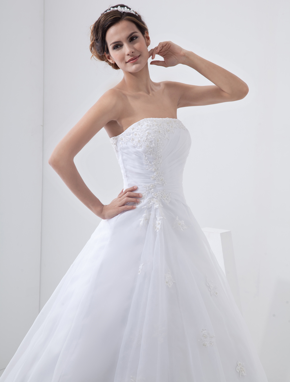 White Satin Wedding Dress Lace Strapless Beading Bridal Dress With ...