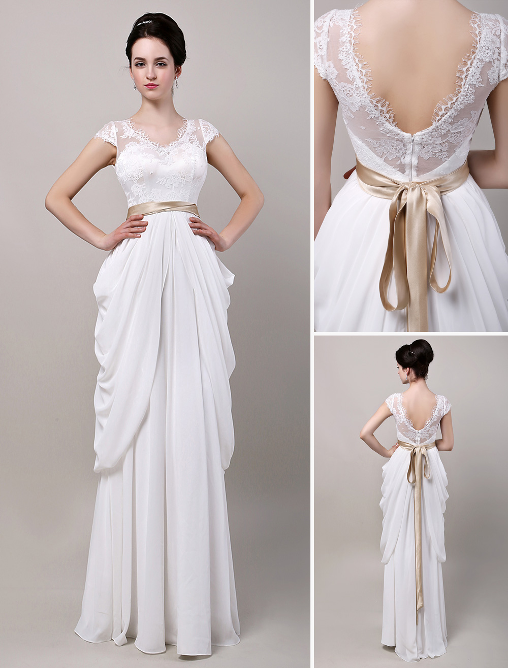 V Open Back Bow Sleeve Lace Bodice Chiffon Wedding Dress With Satin