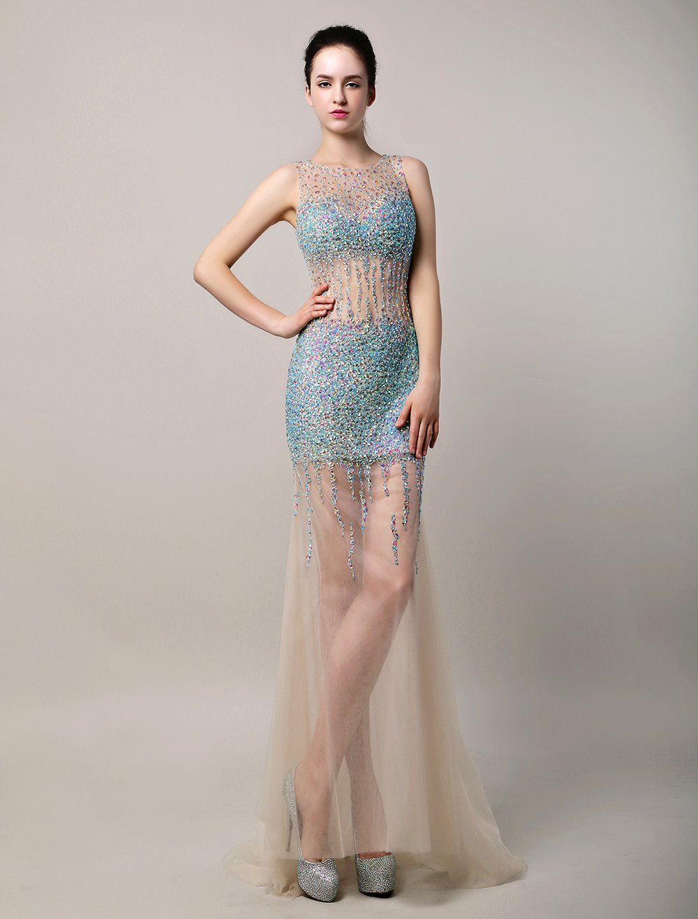 Heavy Rhinestone Beaded Champange Tulle Mermaid Prom Dress With