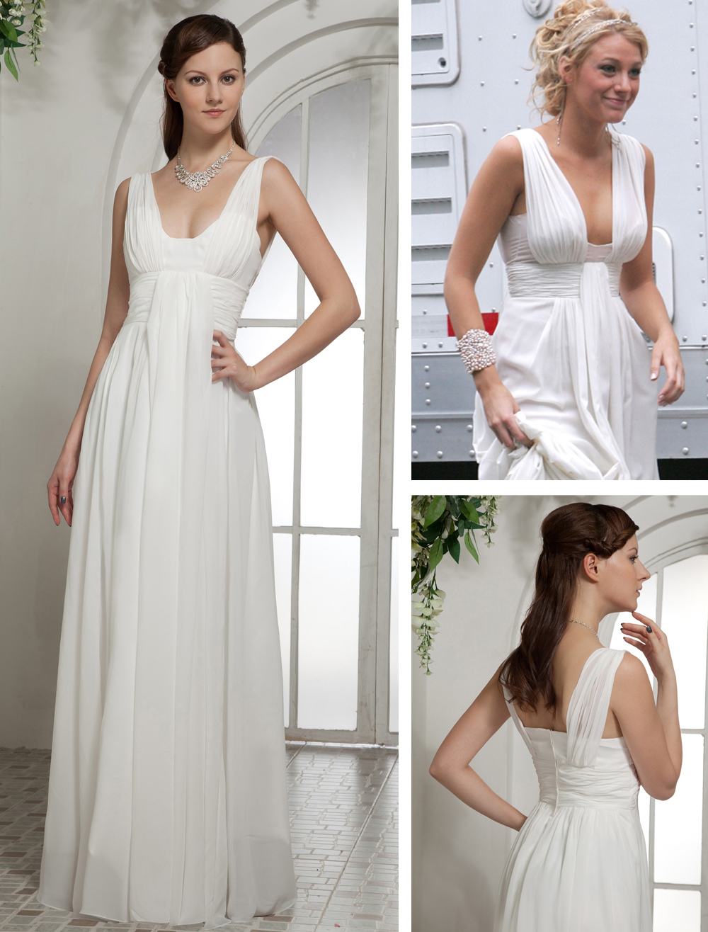 Robe De Gossip Girl A Ligne Blanche En Chiffon Et En Satin Col Carré Longueur Plancher 6411