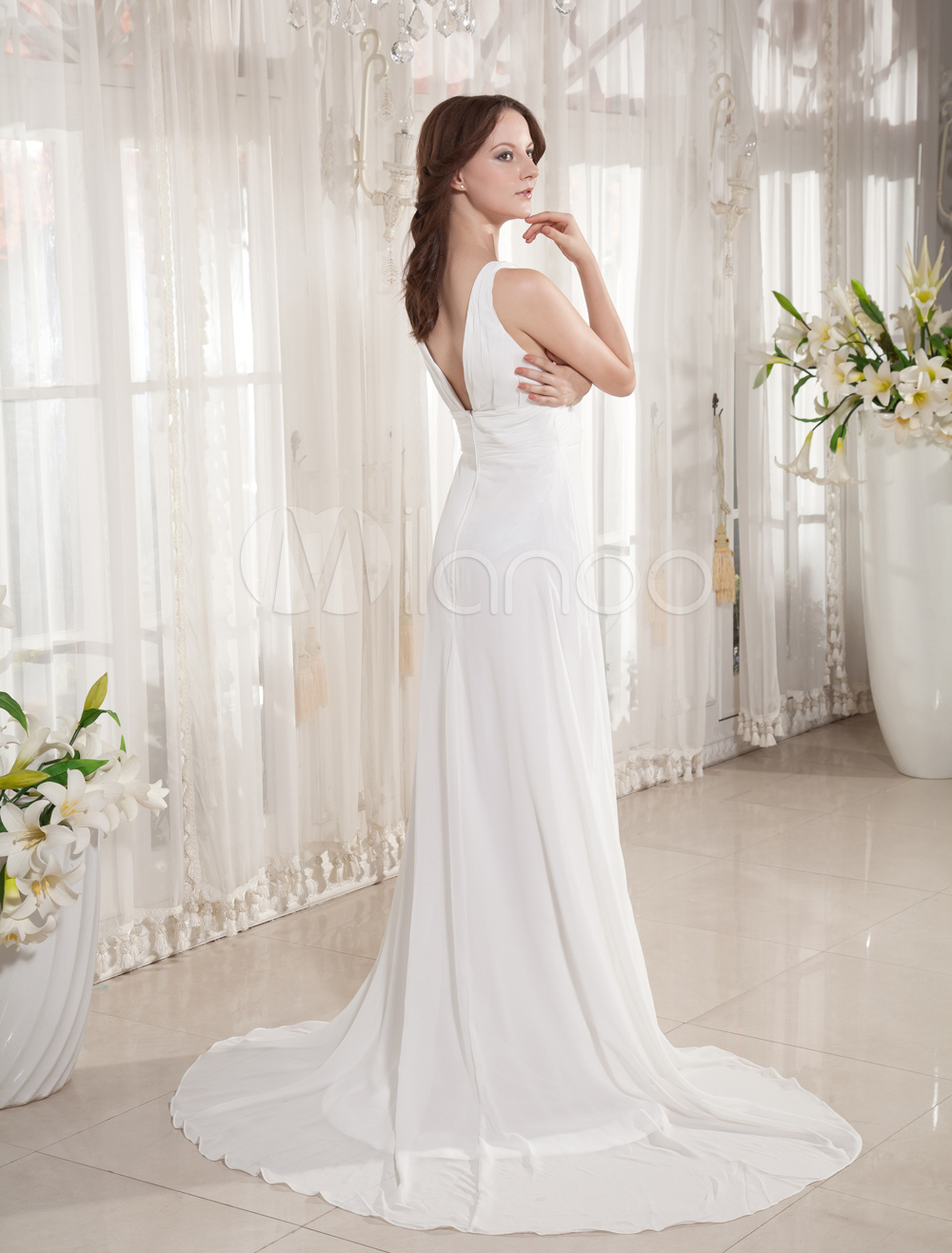 Ivory Floor Length V-Neck Chiffon Cannes Film Festival Dress - Milanoo.com