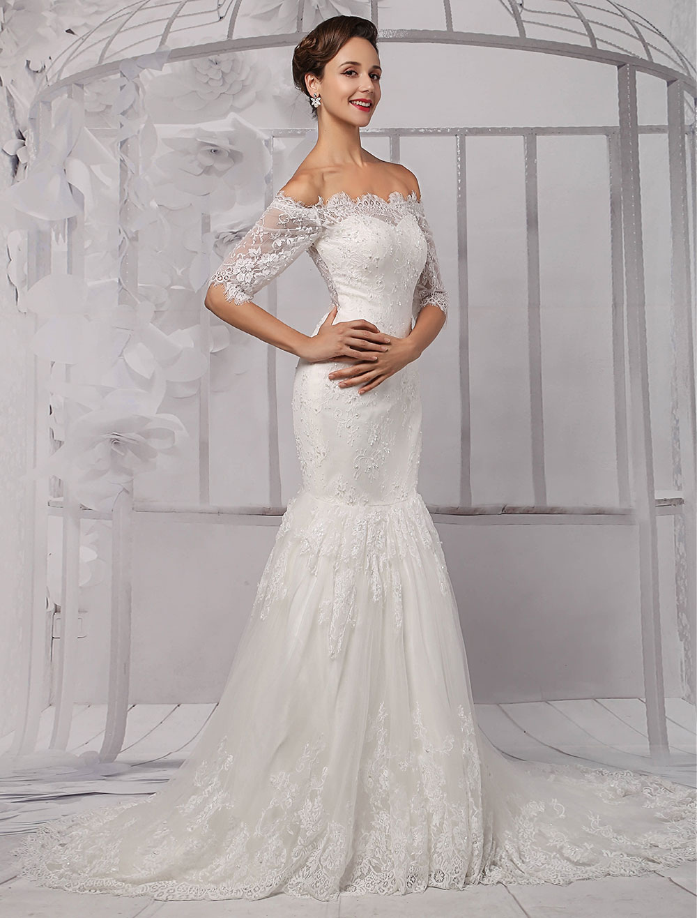 Half Sleeve Off the Shoulder Lace Wedding Dress in Trumpet Style ...