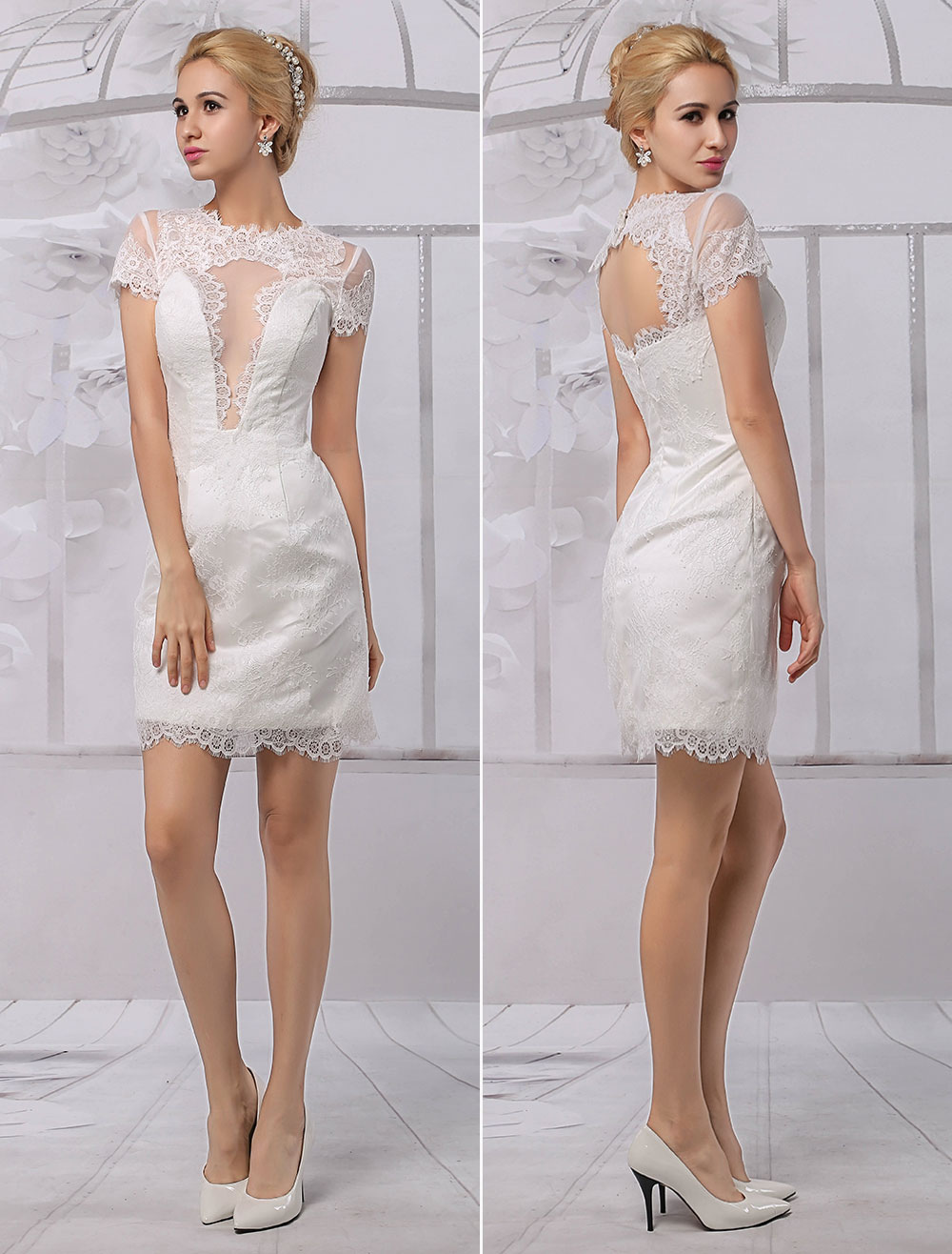 Short Lace Illusion Neckline Back Keyhole Wedding Dress With Short ...