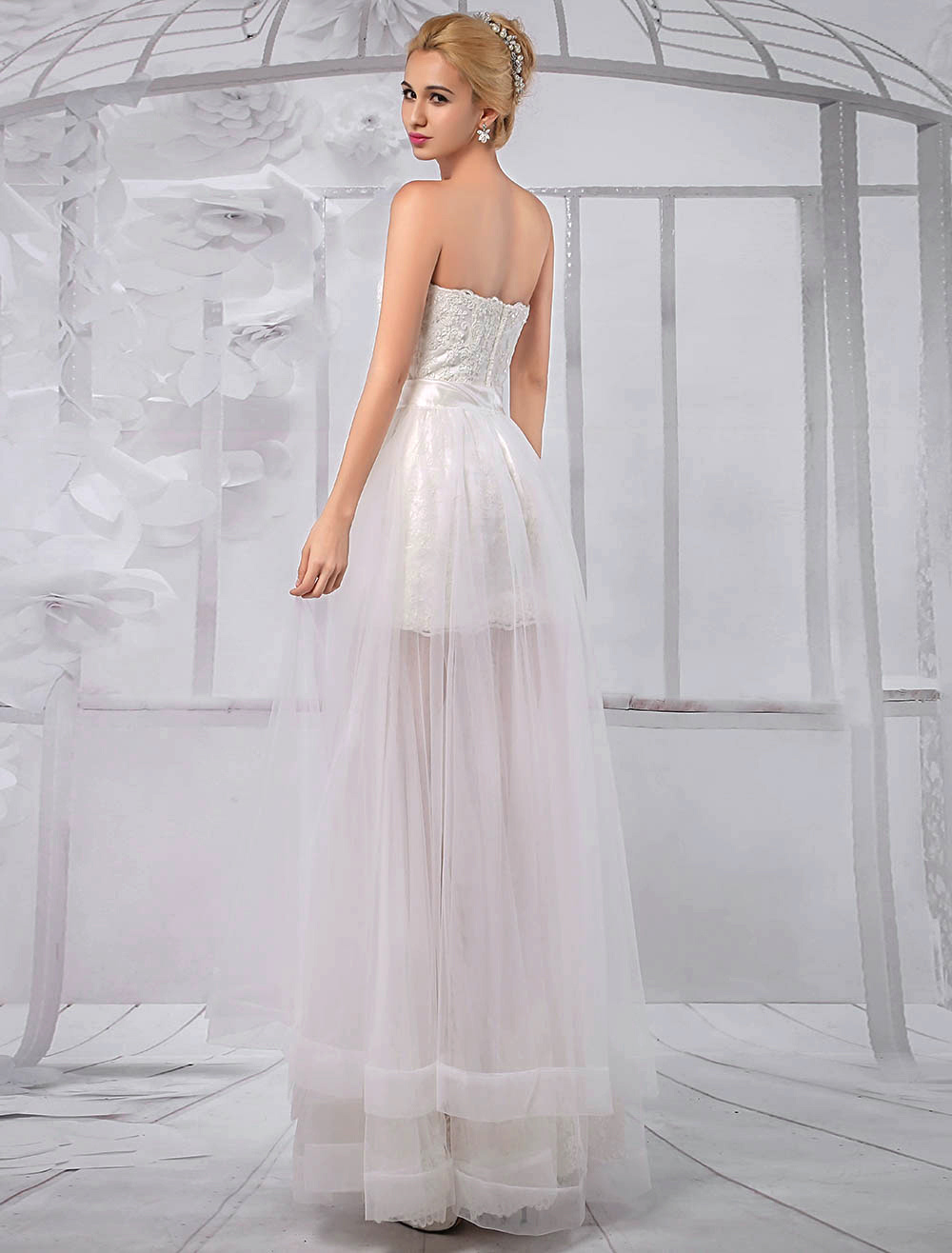 Strapless Sheath Sweetheart Lace Wedding Dress With Tulle Overskirt - Milanoo.com