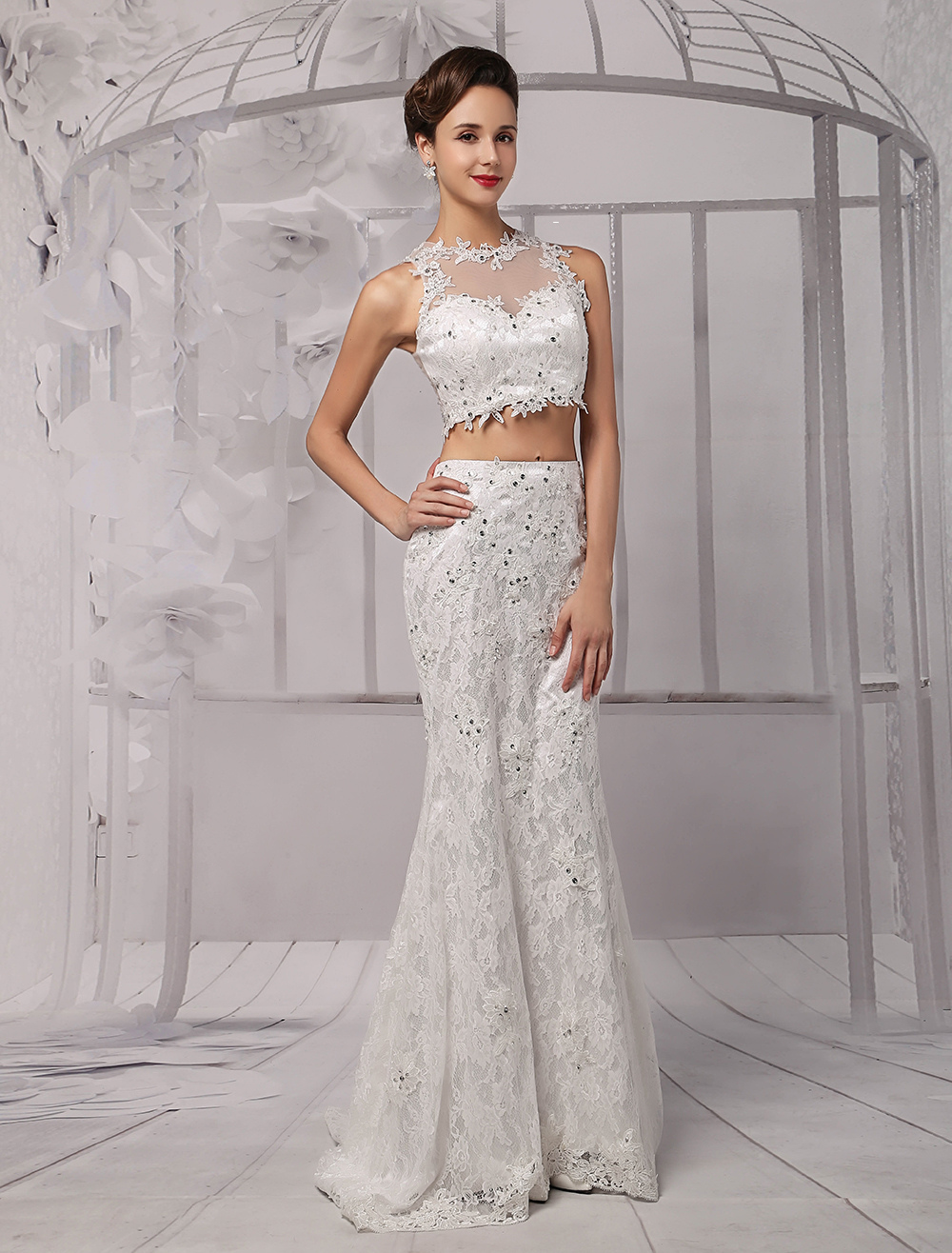 Two Piece Crop Top Illusion Neckline Lace Mermaid Wedding Dress Milanoo 0152