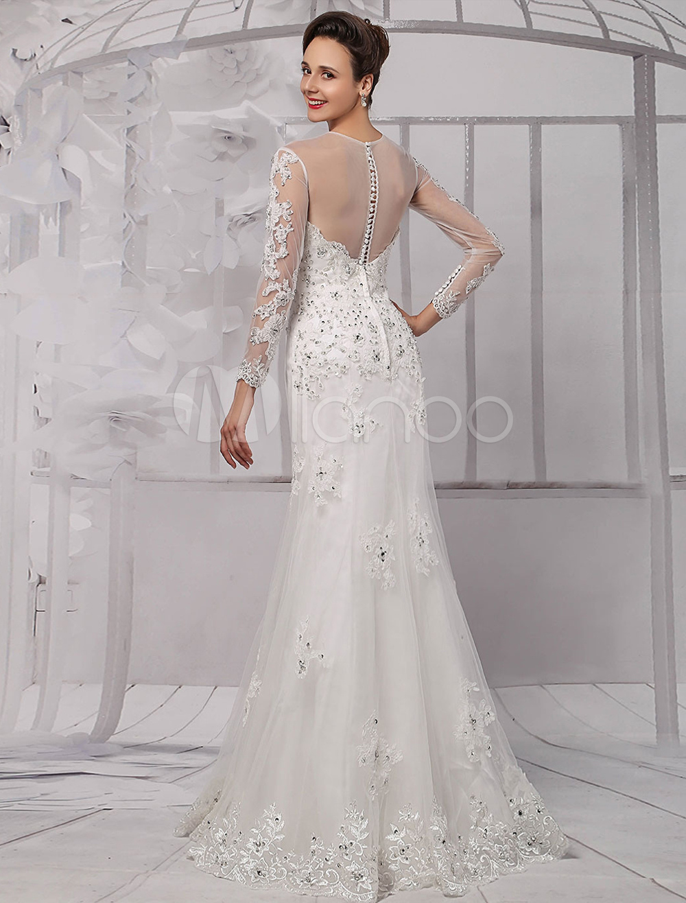 Lace Illusion Neckline Long Sleeves Knee Length Sheath Wedding Dress With Beading Sequins 