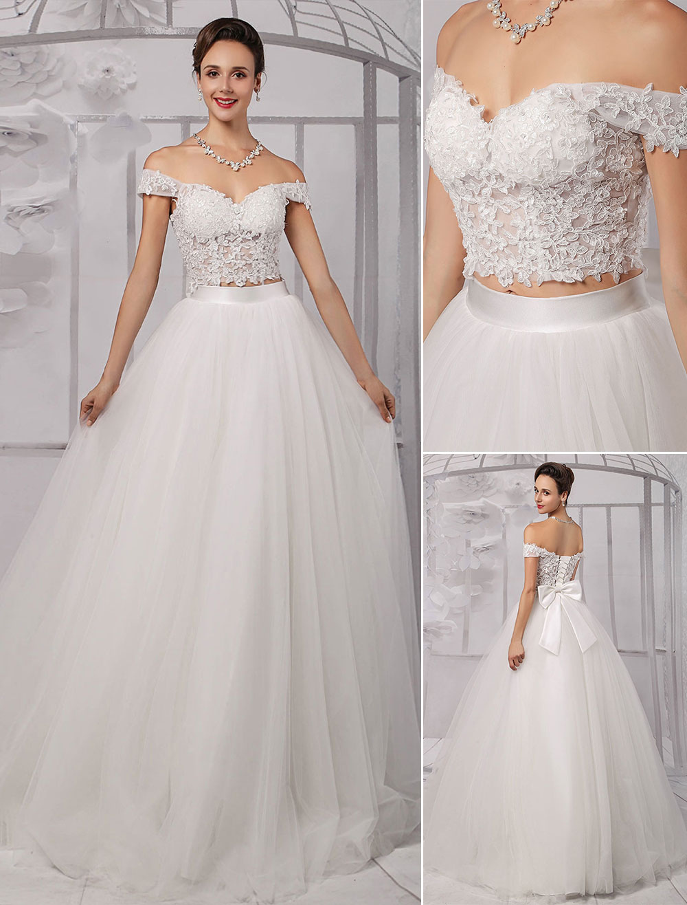 Two Pieces Crop Top Off The Shoulder Ball Gown Wedding Dress With Tulle Skirt Milanoo 7139