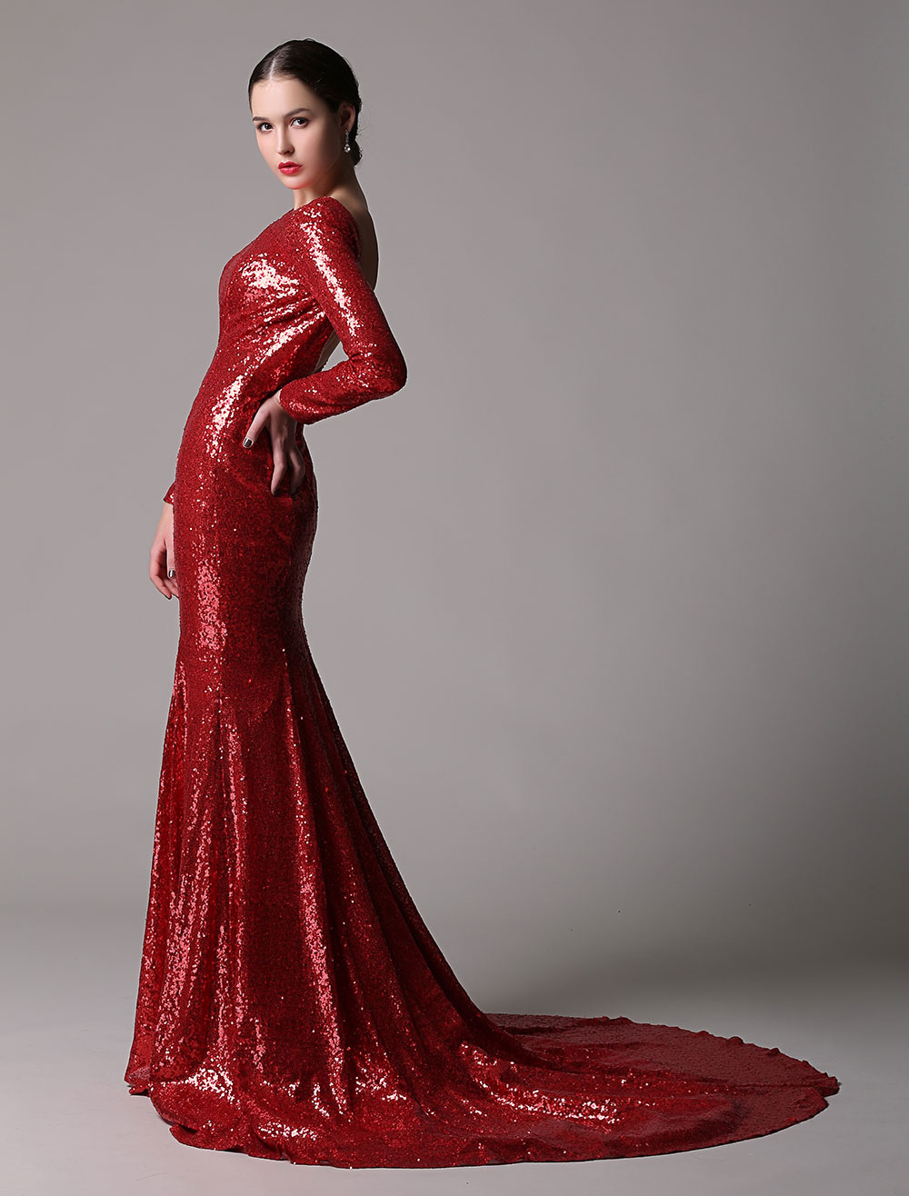red long sleeve sequin gown