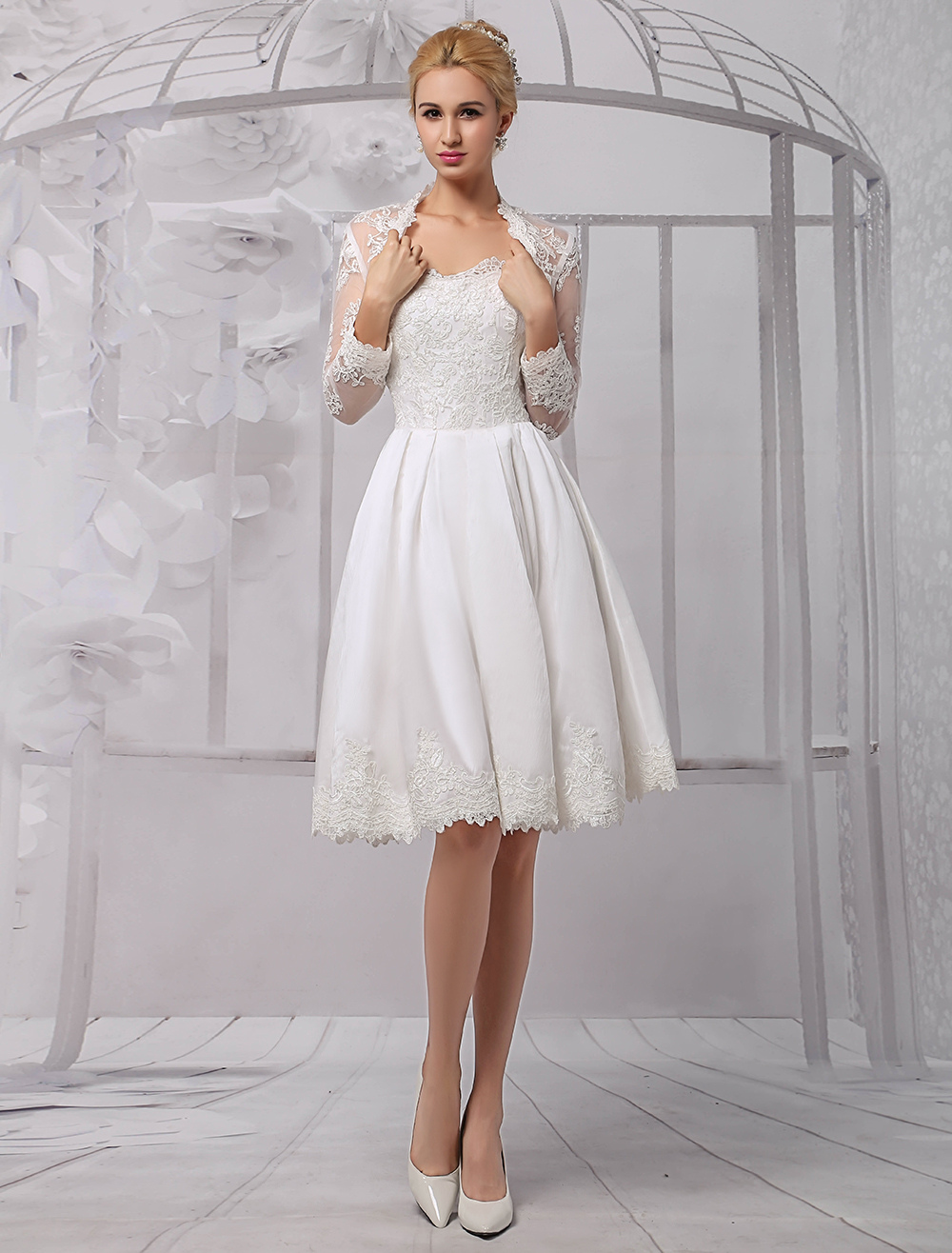 Knee Length Satin And Lace Wedding Dress With Lace Long Sleeve Wrap 8211