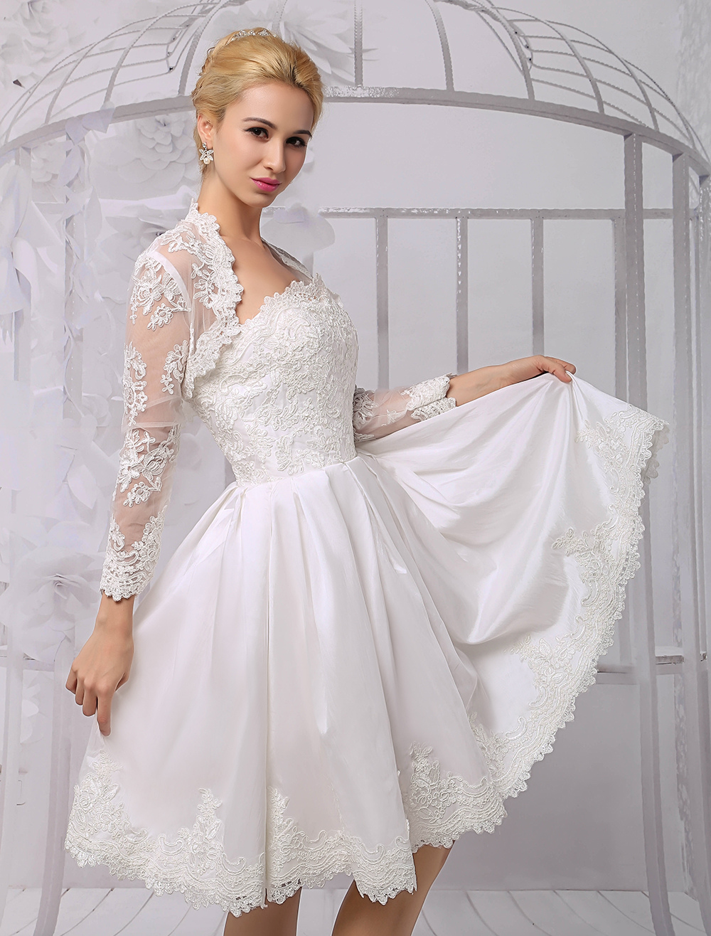 Knee Length Satin And Lace Wedding Dress With Lace Long Sleeve Wrap 1442