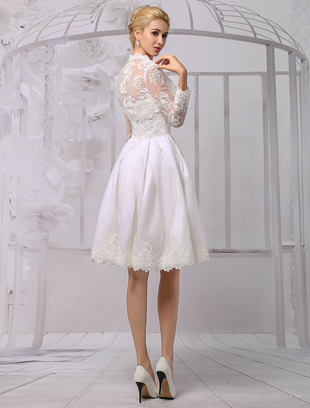 Knee Length Satin And Lace Wedding Dress With Lace Long Sleeve Wrap 0794