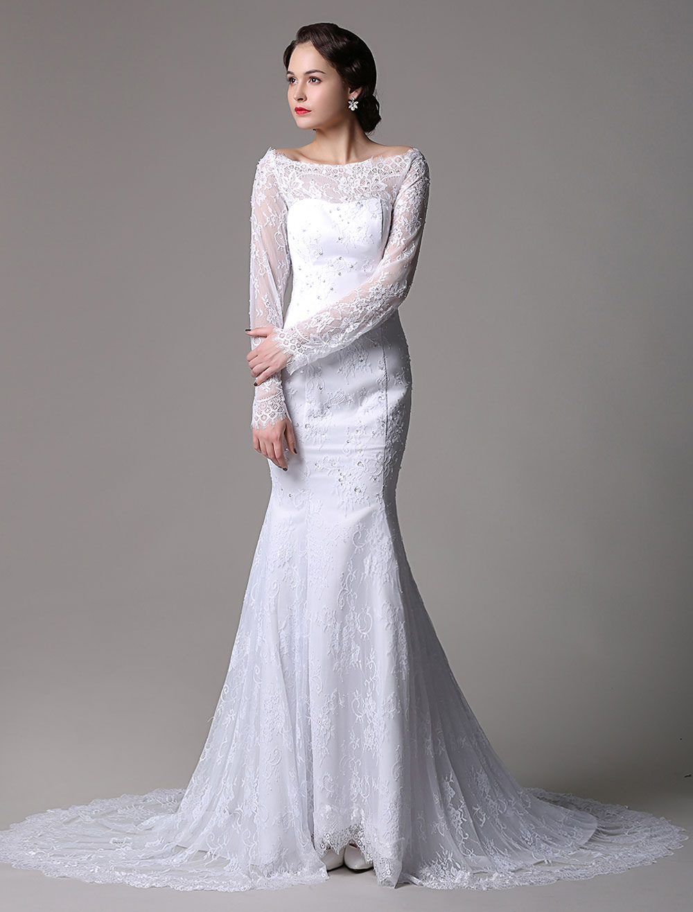 Lace Mermaid/Trumpet Long Sleeves Off-the-shoulder Wedding Dress ...