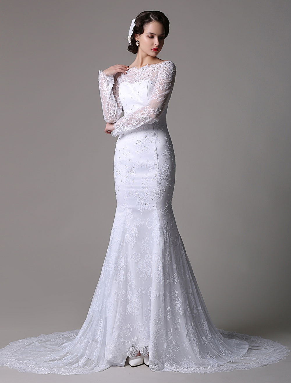 Lace Mermaid/Trumpet Long Sleeves Off-the-shoulder Wedding Dress ...