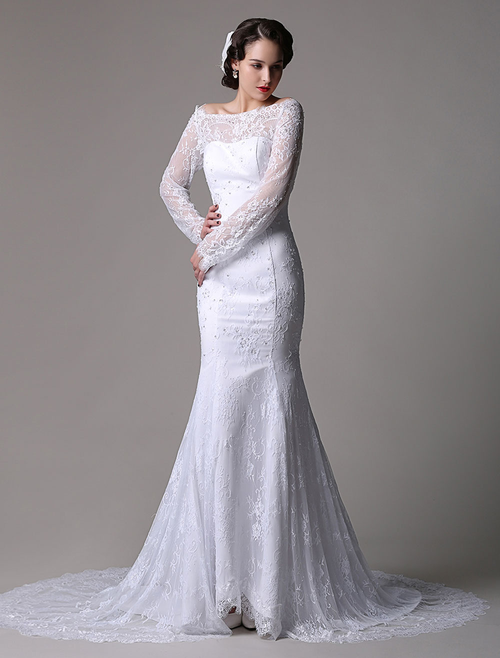 Lace Mermaid/Trumpet Long Sleeves Off-the-shoulder Wedding Dress ...