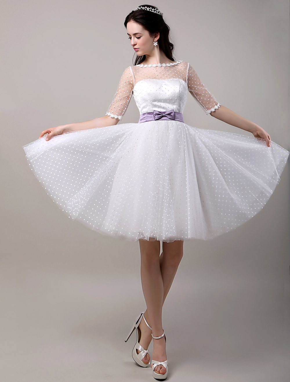 Vintage Inspired Polka Dots Elbow Sleeves Tulle Wedding Dress with