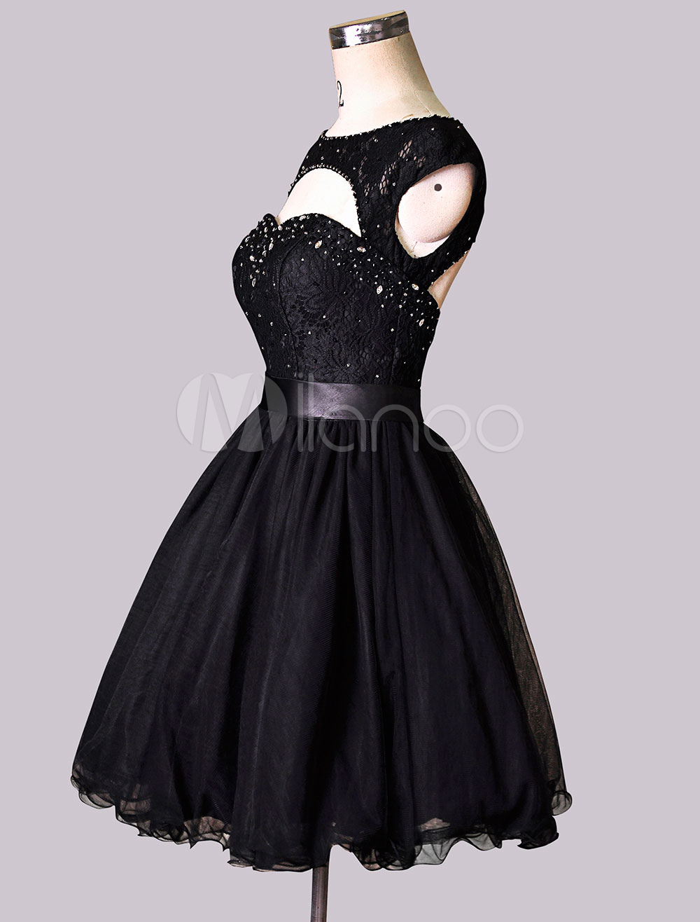Black Bateau Sweetheart Cut Out Lace Tulle Dress with Keyhole Back - Milanoo.com
