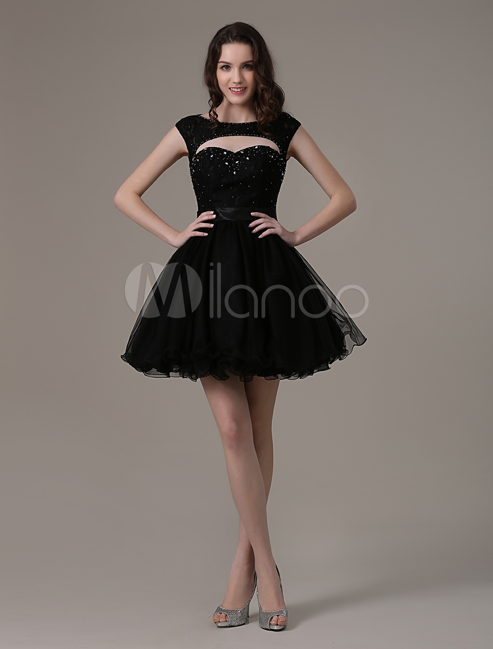 Black Bateau Sweetheart Cut Out Lace Tulle Dress with Keyhole Back ...