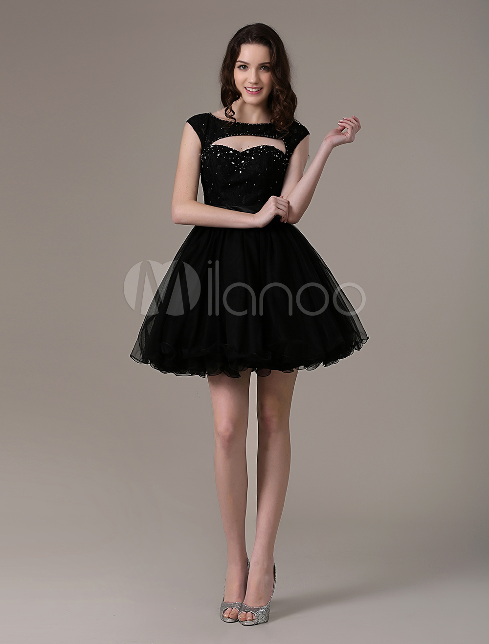Black Bateau Sweetheart Cut Out Lace Tulle Dress with Keyhole Back ...