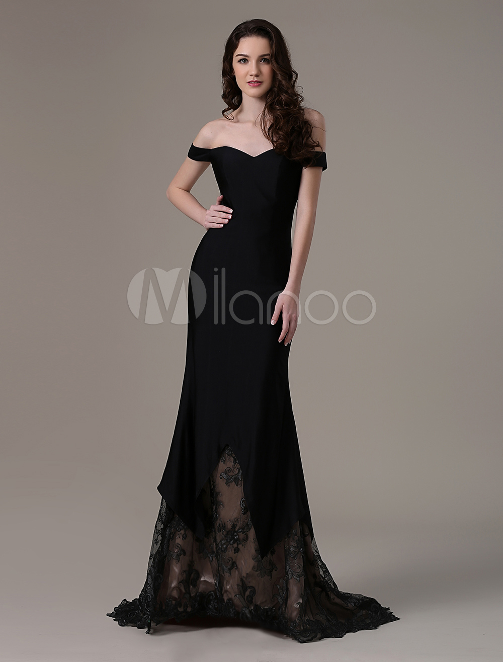 Black Off-the-Shouder Mermaid Evening Gown With Lace Train - Milanoo.com