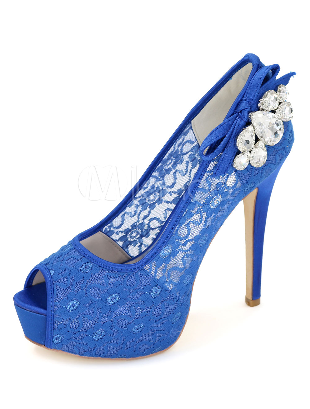 Ivory Wedding Shoes Platform Lace Peep Toe Slip On Rhinestone High Heel Bridal Shoes 
