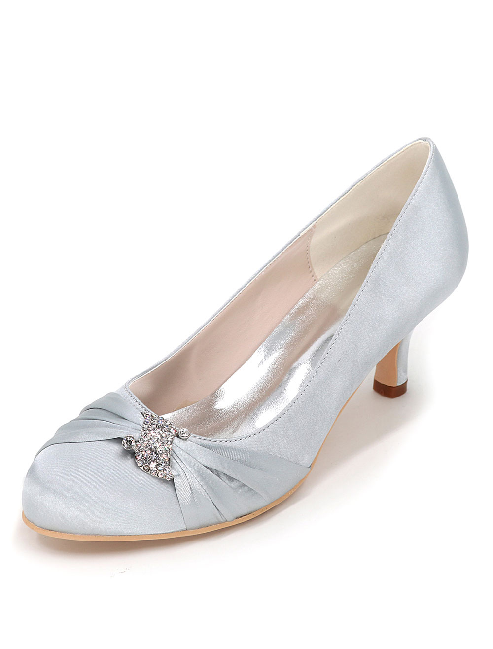 Silver Wedding Shoes Kitten Heel Pleated Rhinestone Slip-on Bridal ...