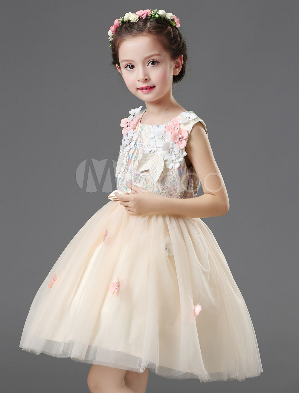 Satin Flower Girl Dress Champagne Embroidered Flower Beading Sleeveless ...