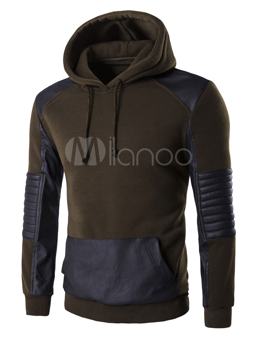 Black Pullover Hoodie Men's Long Sleeve Patchwork Contrast Color Hooded