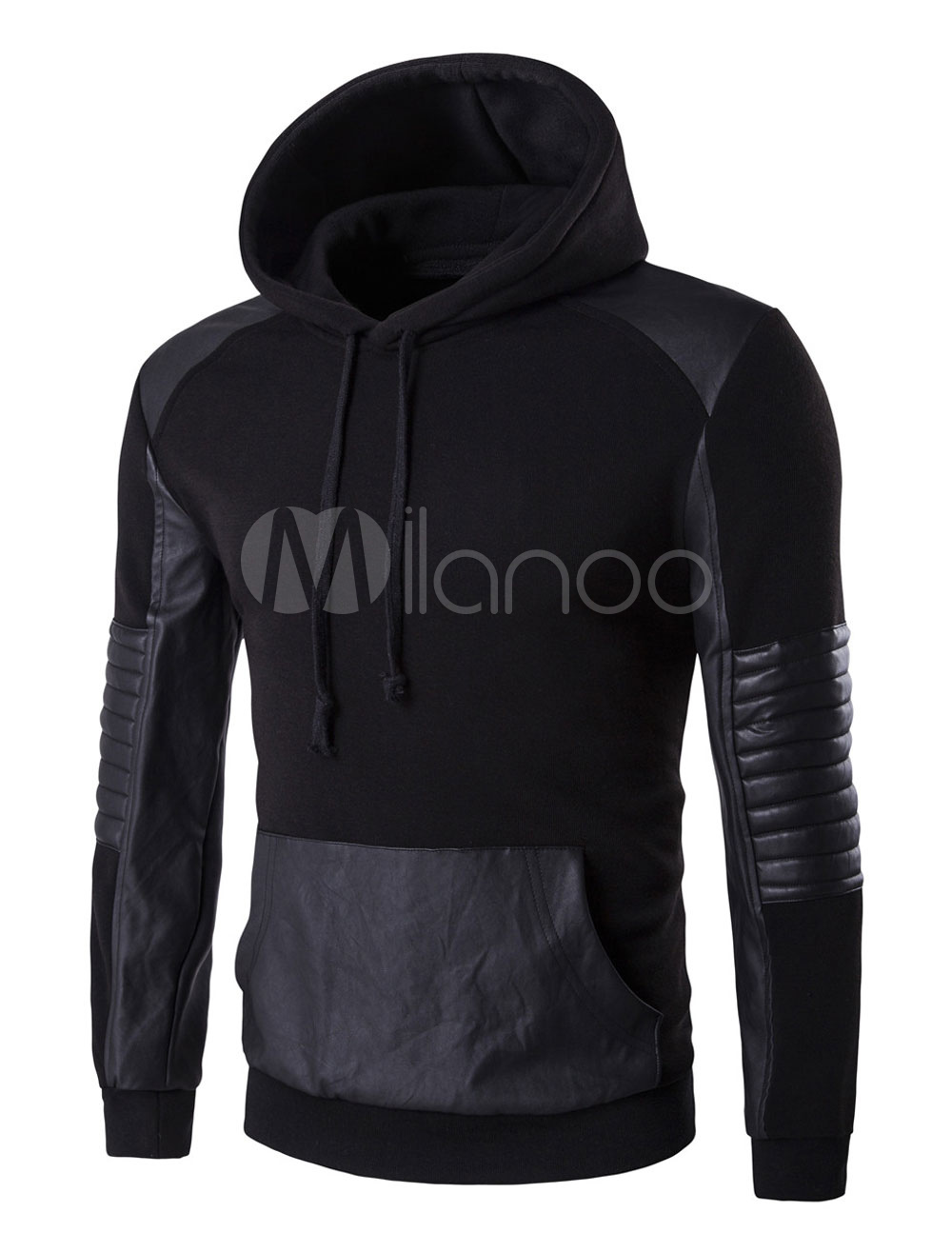 Black Pullover Hoodie Men's Long Sleeve Patchwork Contrast Color Hooded