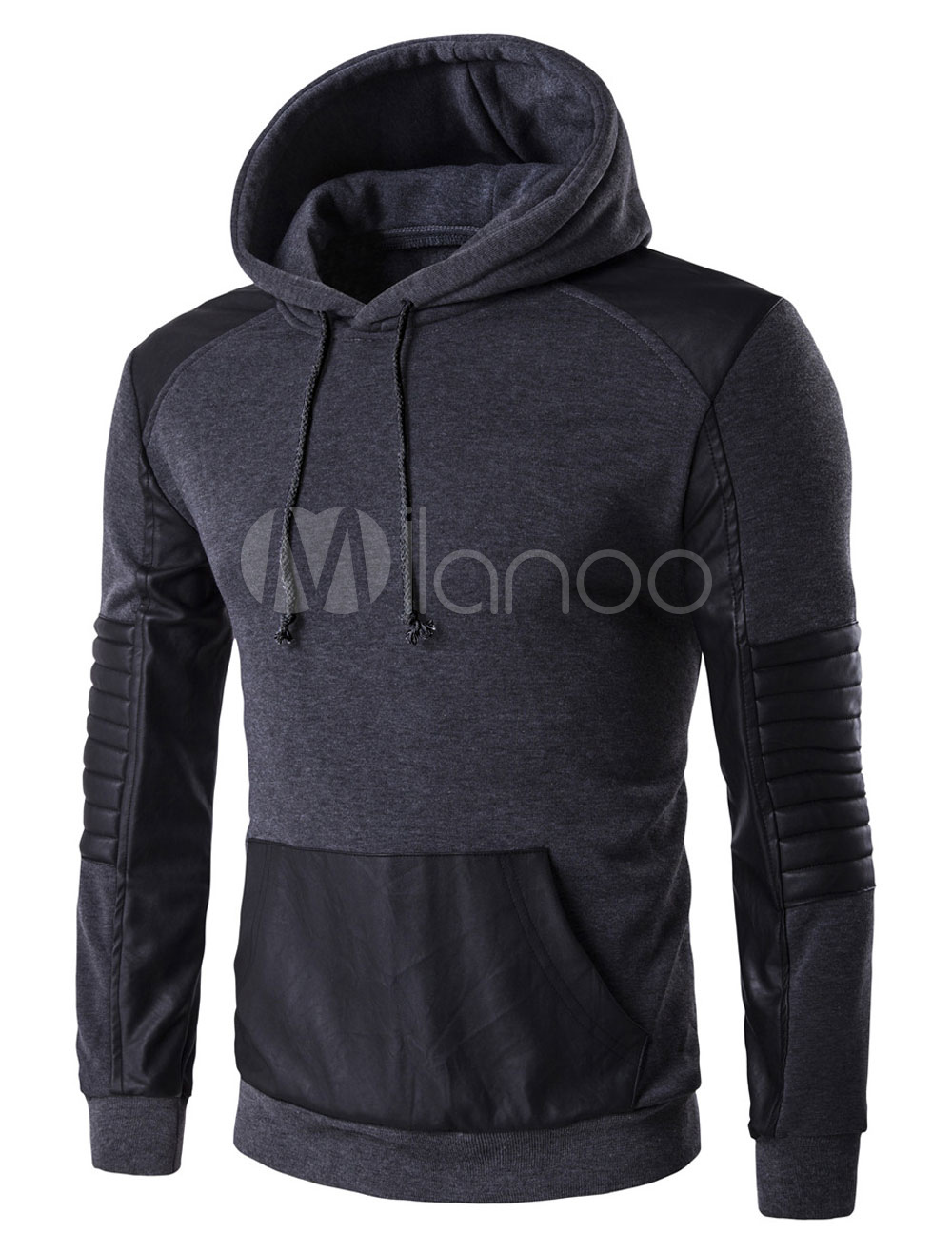 Black Pullover Hoodie Men's Long Sleeve Patchwork Contrast Color Hooded ...