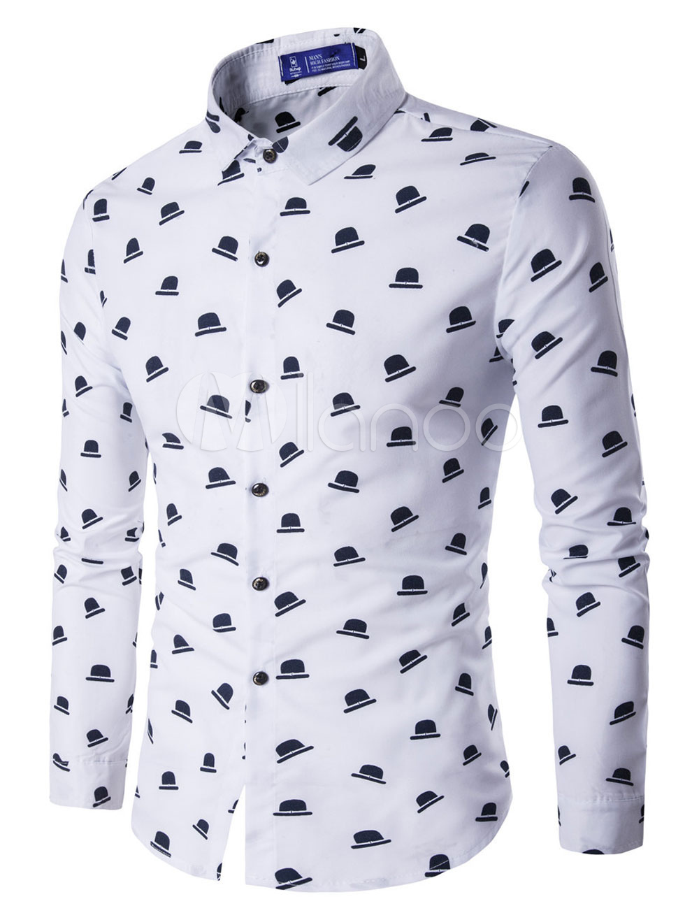 Men's Casual Shirt Printed Long Sleeve Turndown Collar Top - Milanoo.com