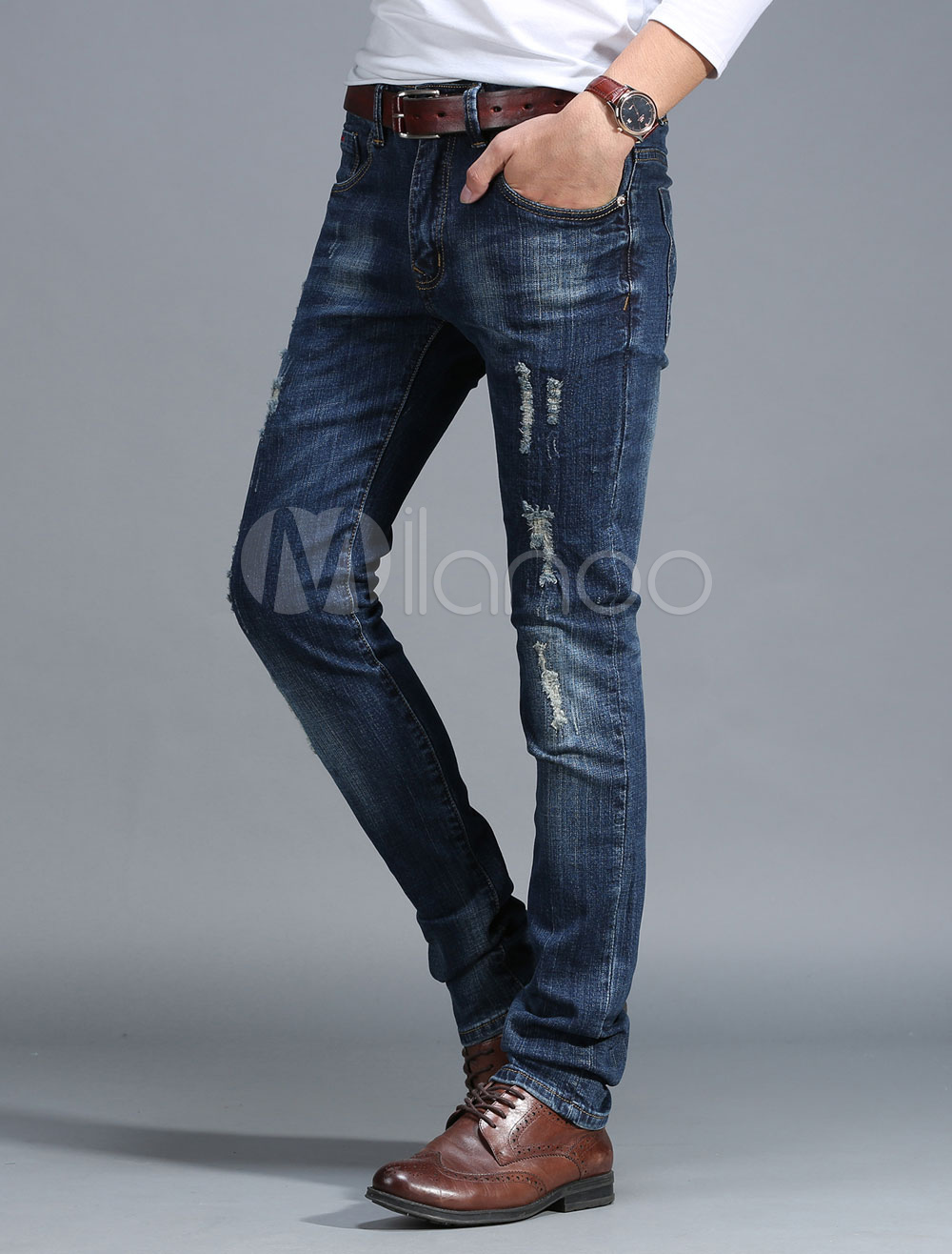 Men's Denim Jeans Blue Ripped Straight Leg Winter Pants - Milanoo.com