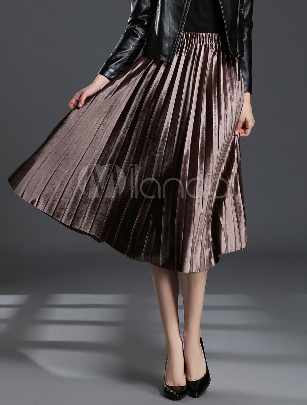 Velvet Pleated Skirt Dark Brown Vintage Midi Skirt For Women