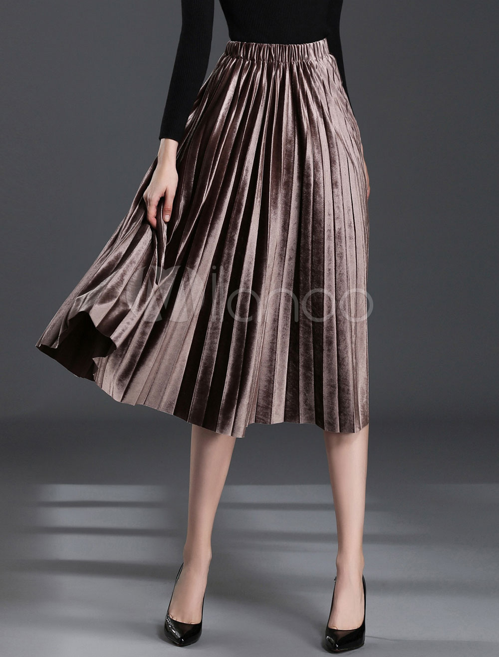 Velvet Pleated Skirt Dark Brown Vintage Midi Skirt For Women - Milanoo.com