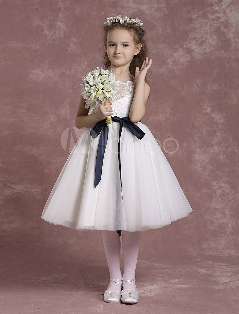 Tulle Flower Girl Dresses Illusion Neck Lace Pageant Dresses Toddler's ...