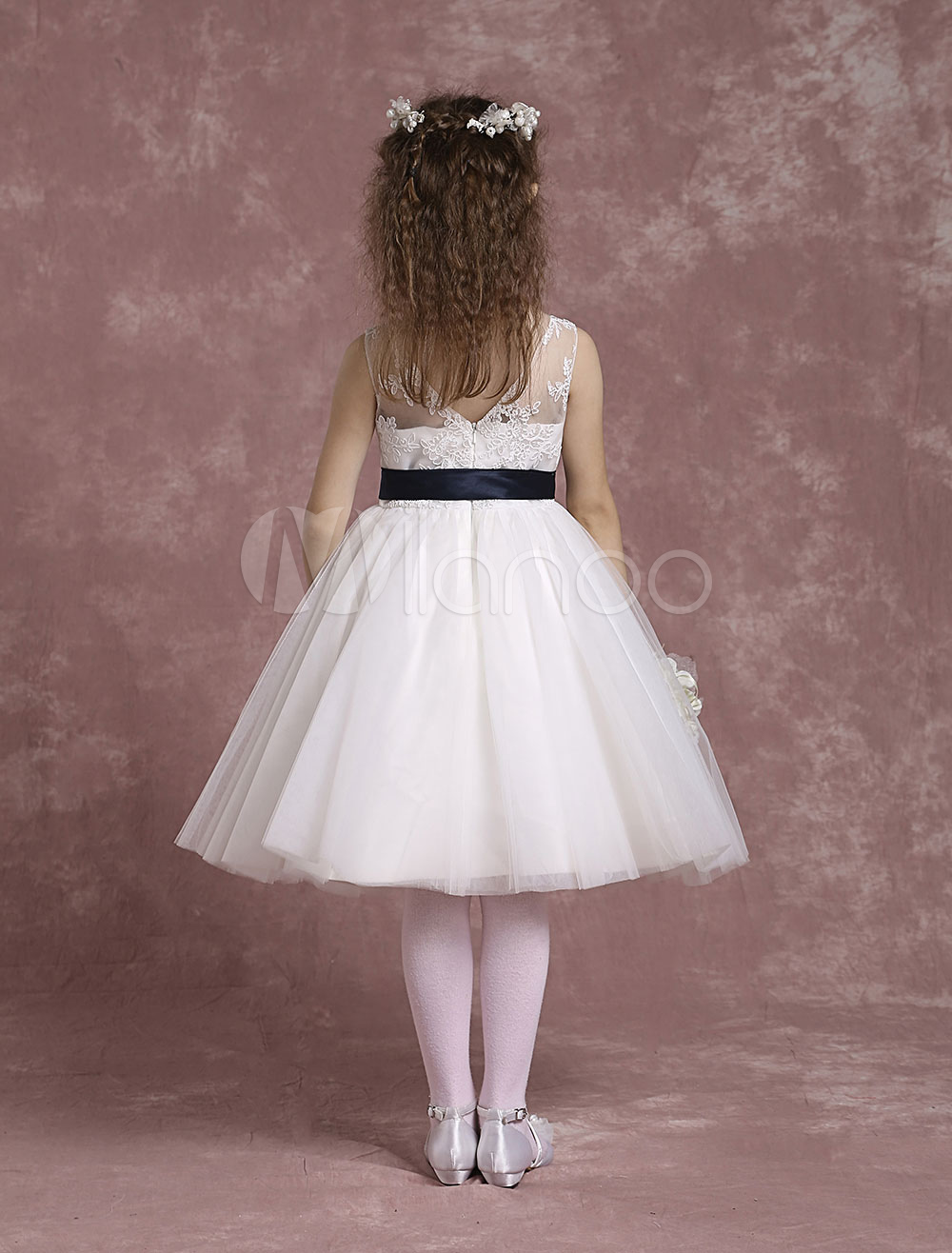 Illusion Pleated Tulle A-line Knee-length Girl Dress Taupe