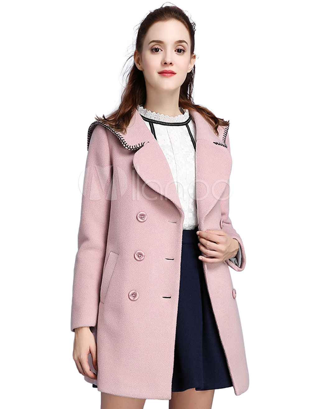Pink Pea Coat Wool Turndown Collar Long Sleeve Double Breasted Winter ...