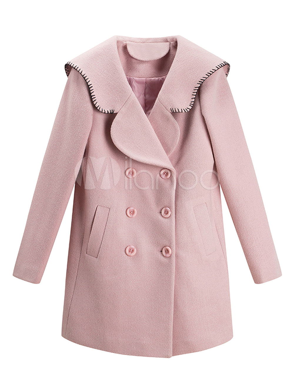 Pink Pea Coat Wool Turndown Collar Long Sleeve Double Breasted Winter Coat For Women