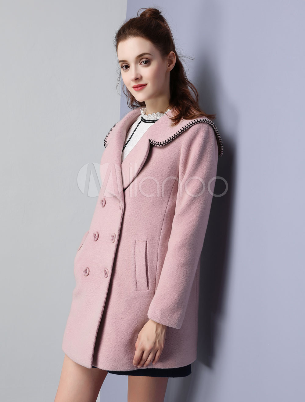 Pink Pea Coat Wool Turndown Collar Long Sleeve Double Breasted Winter ...