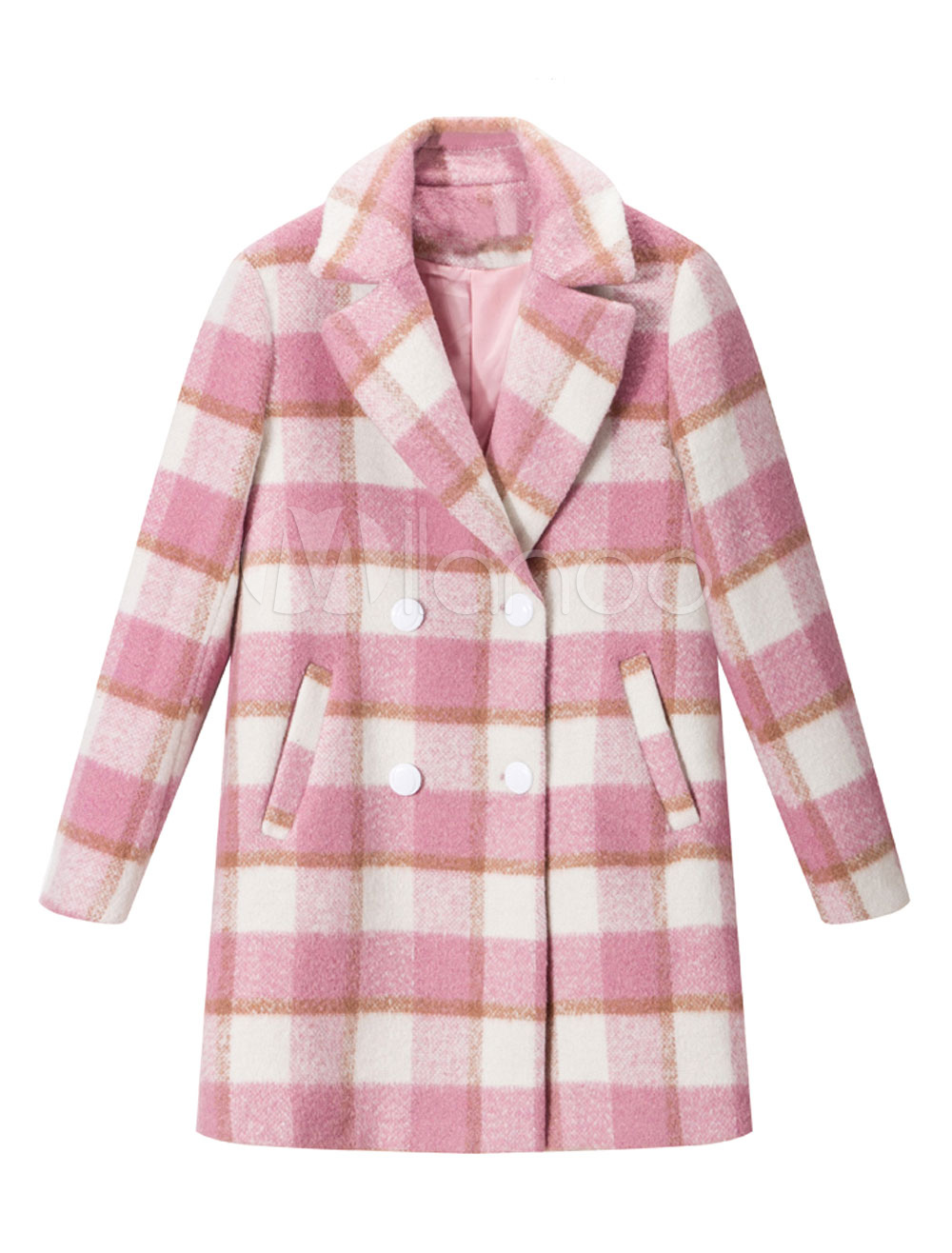 Pink Pea Coat Women's Plaid Turndown Collar Long Sleeve Double Breasted