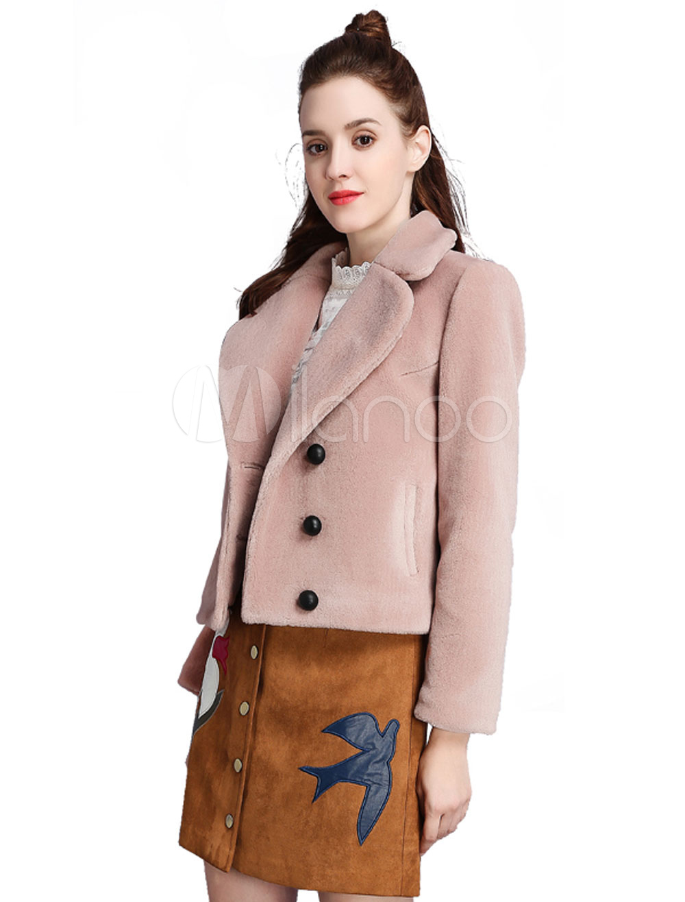 Women's Winter Coat Pink Turndown Collar Long Sleeve Slim Fit Short