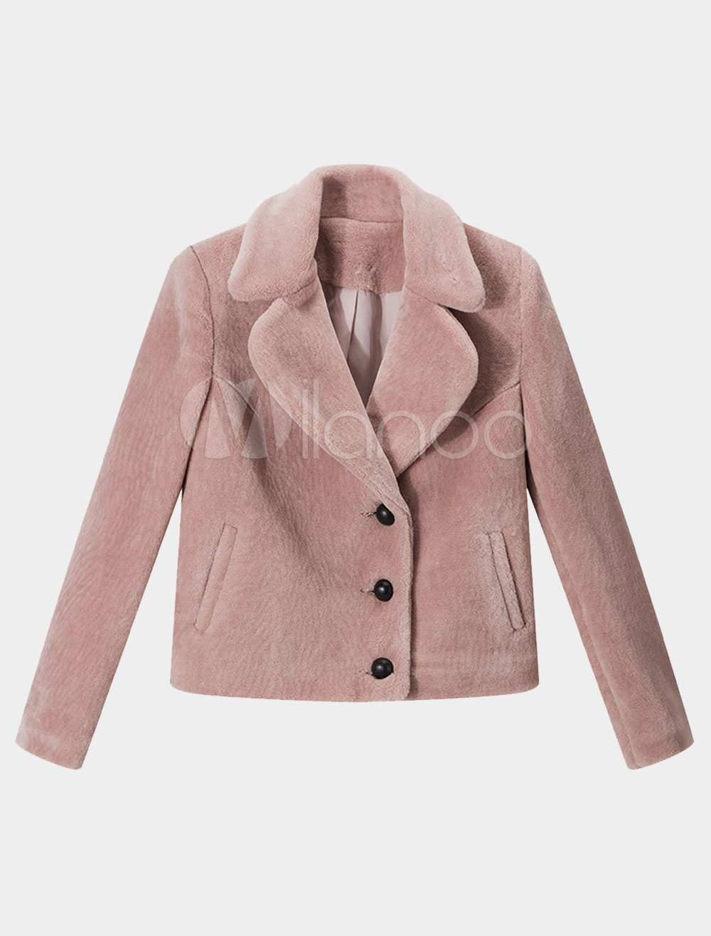 Women's Winter Coat Pink Turndown Collar Long Sleeve Slim Fit Short