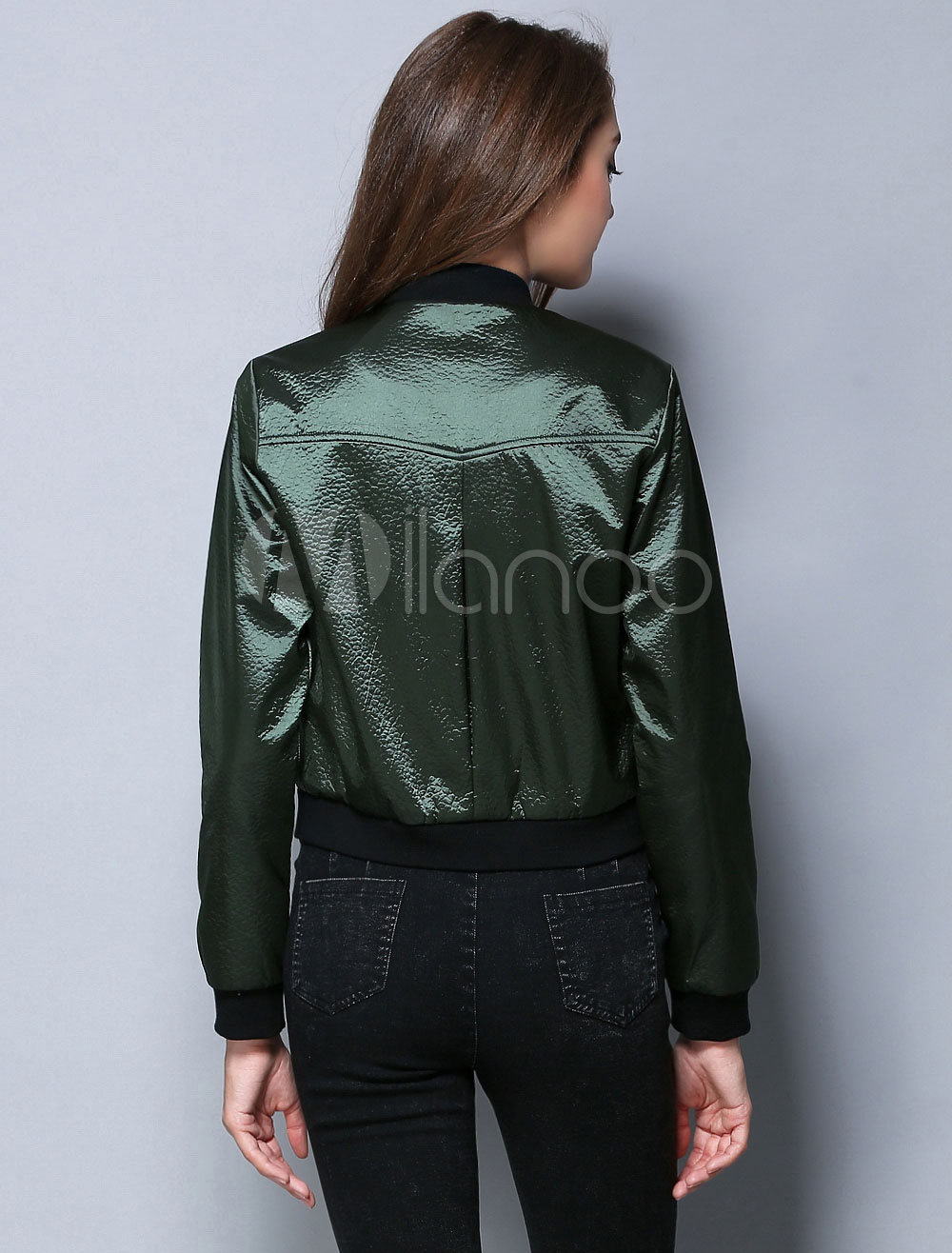 Women's Baseball Jacket Cyan Crew Neck Long Sleeve Short Jacket With