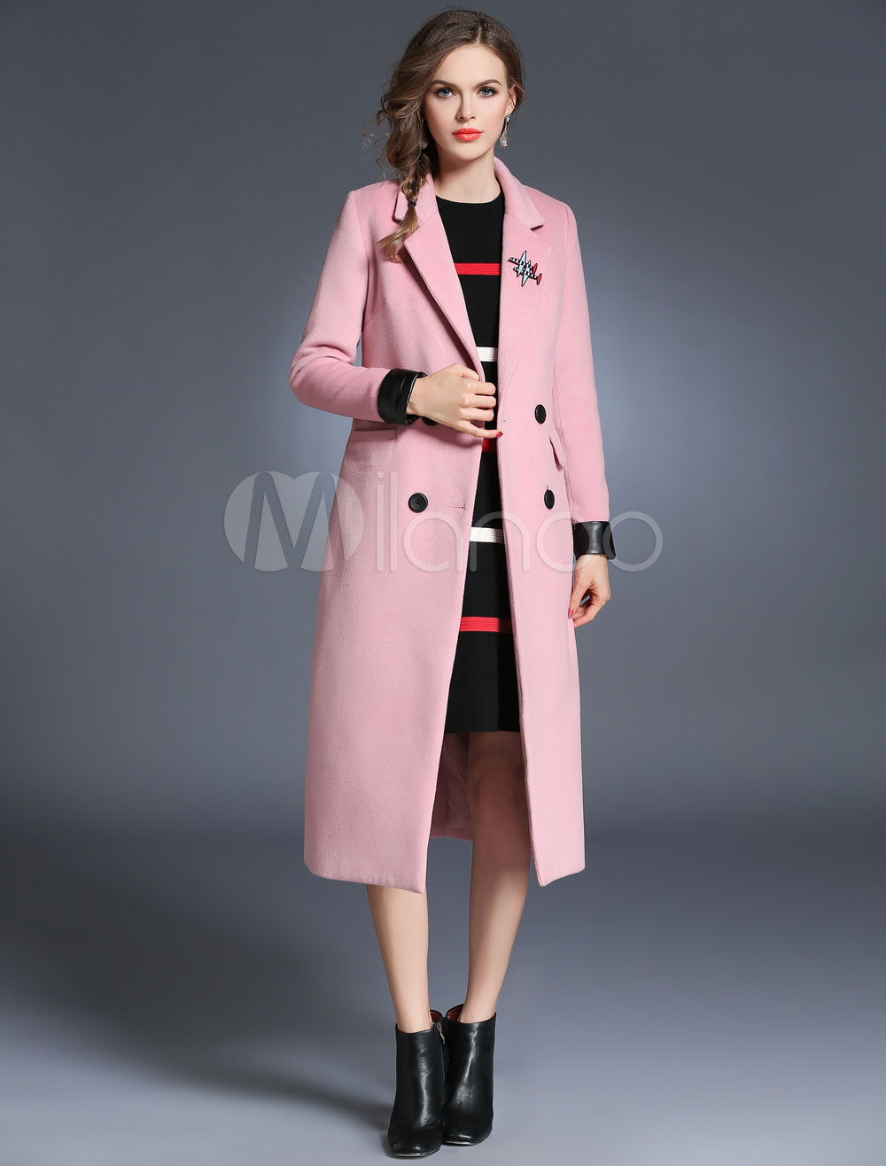 Wool Pea Coat Pink Women's Double Breasted Slim Fit Long Coat - Milanoo.com