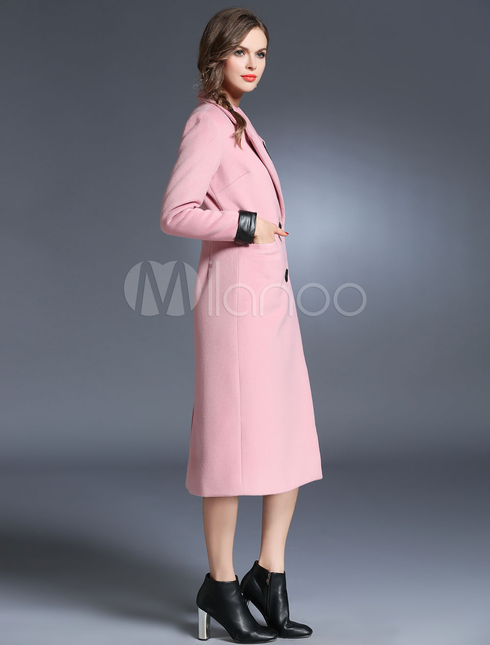 Wool Pea Coat Pink Women's Double Breasted Slim Fit Long Coat