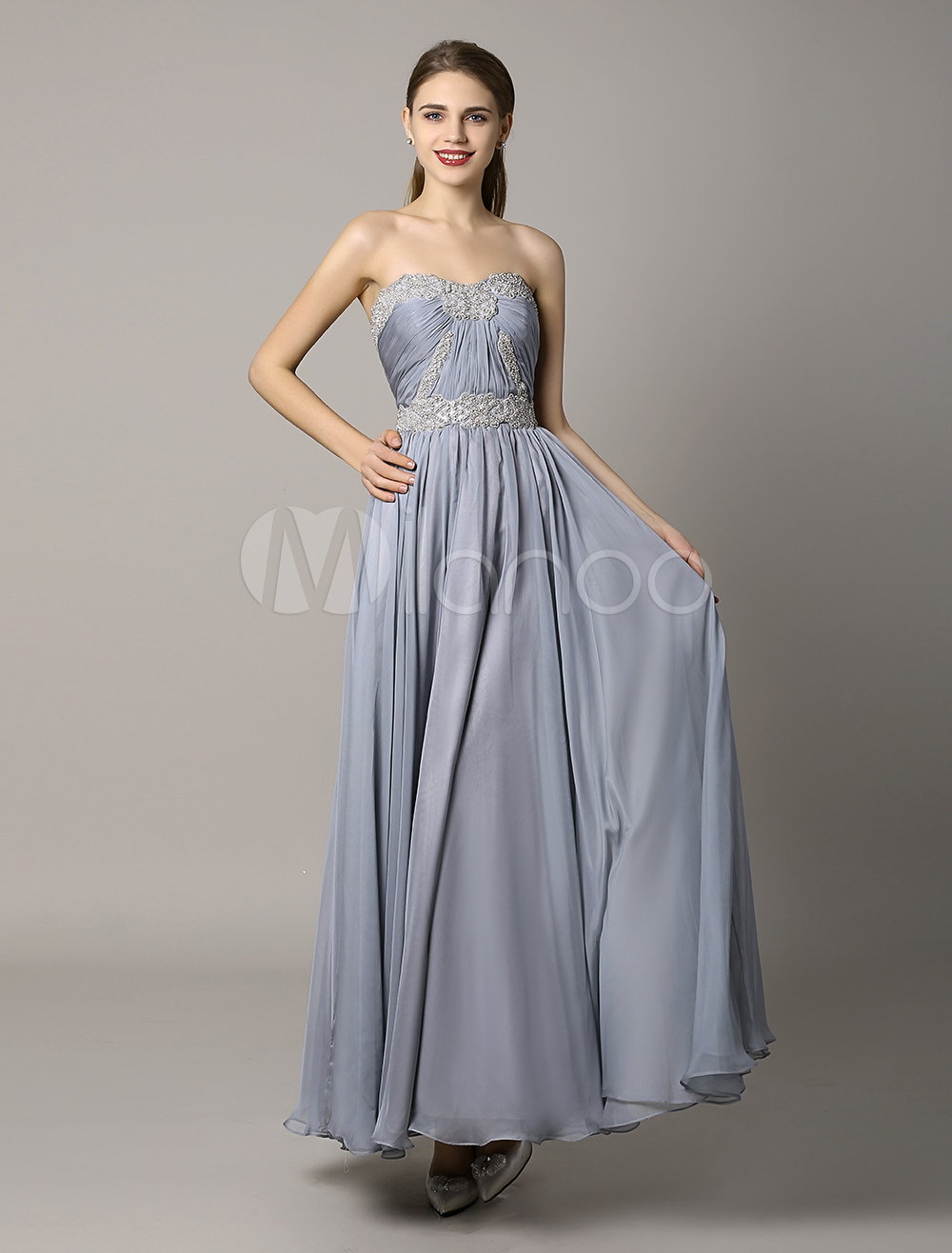 Elegant Beaded Sweetheart Grey Chiffon Prom Dress - Milanoo.com