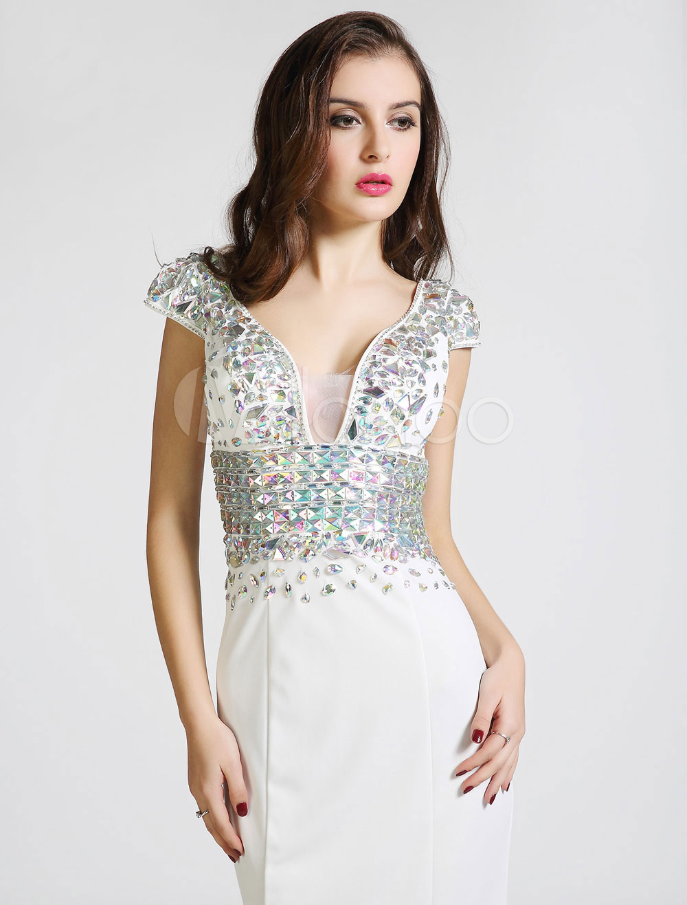 Plus Gorgeous Rhinestone Detail Cape Sleeves Mermaid Hem Beaded Seuqin Evening Dress