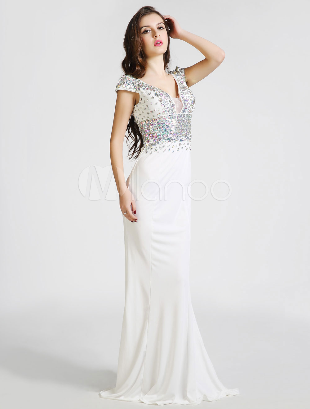 Deep V Neck Sleeveless Women Evening Dress With Hot Drilling Cape Mermaid Elegant Tafftal Vestidoes