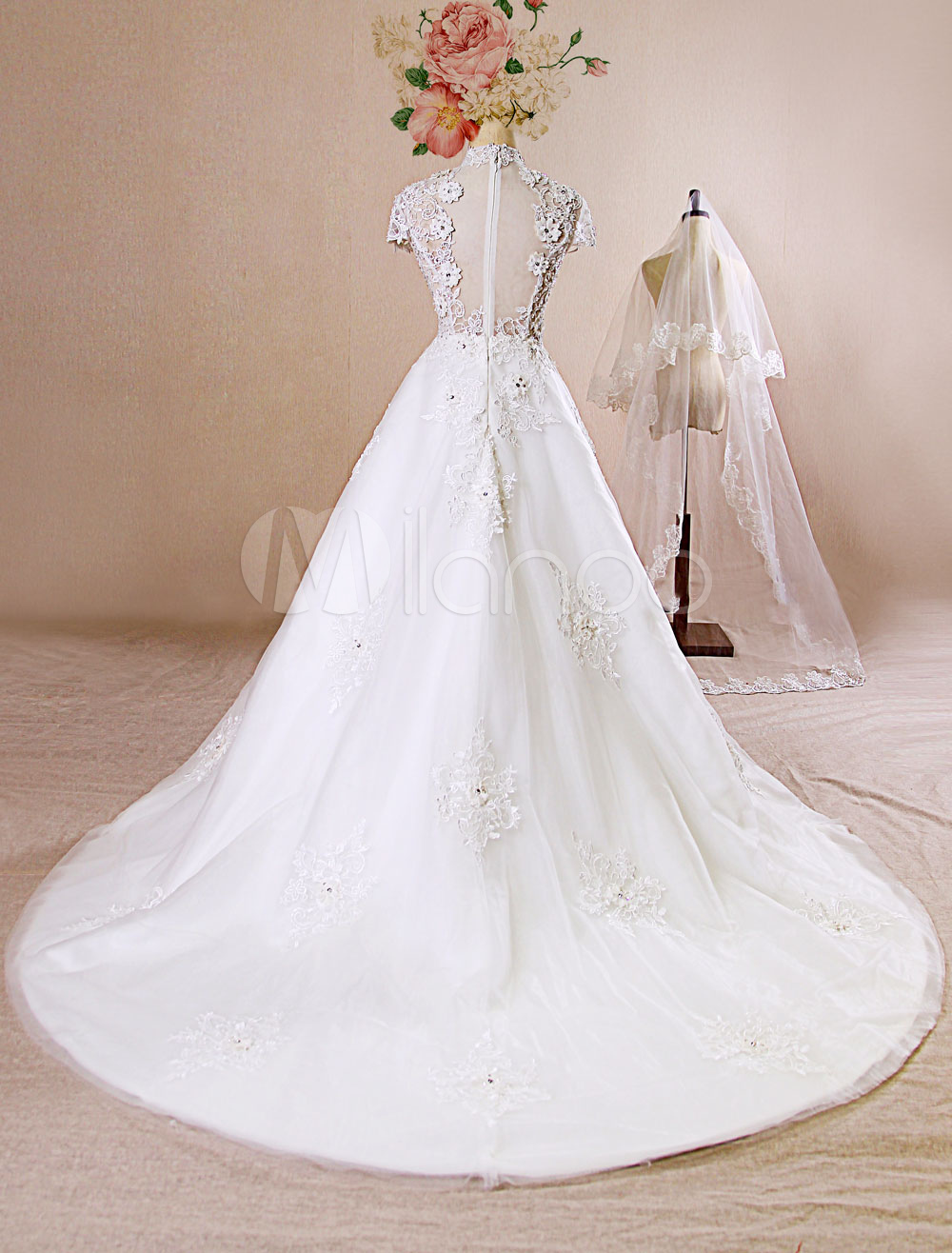 Ivory Wedding Dress High Neck Sheer Applique Flowers Wedding Gown