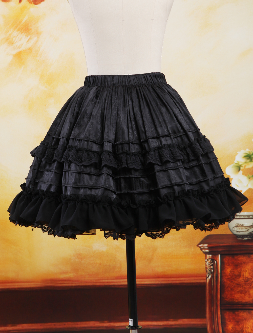 Gothic Black Bow Ruffles Jacquard Chiffon Lolita Skirts - Milanoo.com